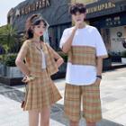 Couple Matching Short-sleeve Plaid Blazer / T-shirt / Plaid A-line Skirt / Shorts / Set