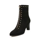 Chunky-heel Zip-front Studded Short Boots