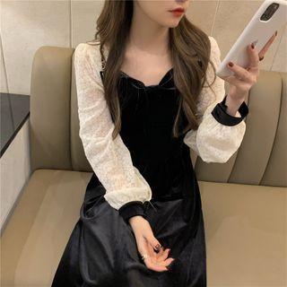 Puff-sleeve Velvet Midi Dress Black & White - One Size