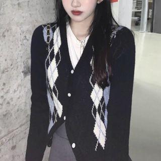 Argyle Asymmetrical Cardigan Black - One Size
