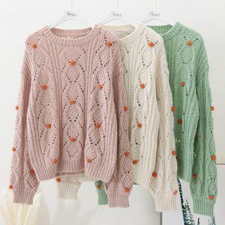 Long-sleeve Cutout Pom Pom Sweater