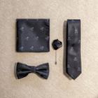 Set: Skull Print Neck Tie + Bow Tie + Lapel Pin + Pocket Square + Cufflink