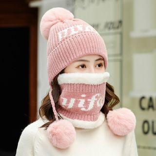 Bobble Lettering Knit Beanie With Scarf