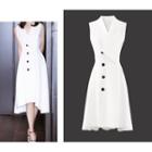 Buttoned V-neck Sleeveless Midi A-line Dress