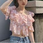 Puff-sleeve Square-neck Floral Print Ruffled Blouse Pink Floral - White - One Size