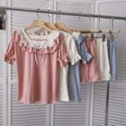Set: Short-sleeve Lace Trim Top + Shorts