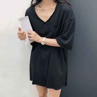Elbow-sleeve V-neck Split T-shirt