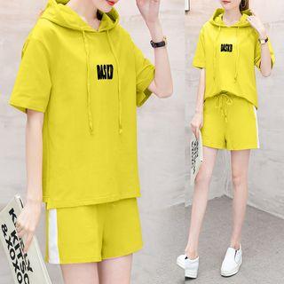 Set: Hooded Elbow-sleeve T-shirt + Sports Shorts