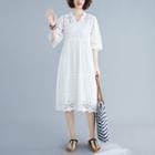 Elbow-sleeve V-neck Perforated Midi A-line Dress