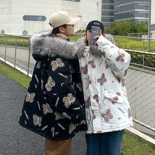 Furry Trim Hooded Butterfly Print Jacket