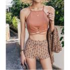 Set: Lace-up Back Tankini + Printed Cover-up
