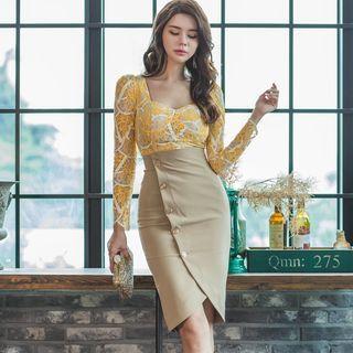 Set: Long-sleeve Lace Top + Button-up Pencil Skirt