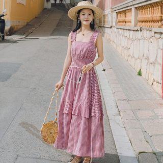 Check Sleeveless Maxi A-line Dress