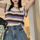 Short-sleeve Striped Pointelle Knit Top Purple - One Size
