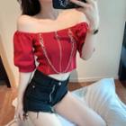 Chain Detail Off-shoulder Puff-sleeve Cropped Top