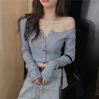 Off-shoulder Buttoned Long-sleeve Cropped Top