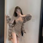 Long-sleeve Plaid Shirt / Strapless Ruched Mini Bodycon Dress