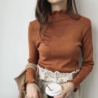 Ruffle-collar Long-sleeve Knit Top