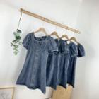 Denim Puff-sleeve Button Mini A-line Dress