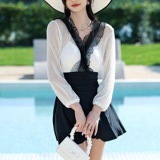 Long-sleeve Lace Trim Dotted Swim Dress