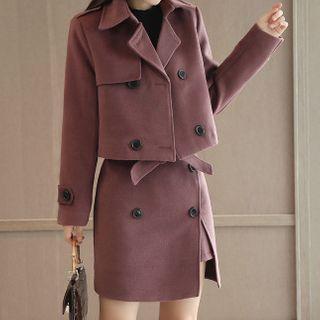 Set: Double-breasted Jacket + Slit-front Mini Straight-fit Skirt