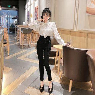 Long-sleeve Crinkled Shirt / Cropped Skinny Pants