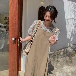 Short-sleeve Floral Blouse / Midi Overall Dress