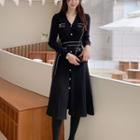 V-neck Knit Midi A-line Dress Black - One Size