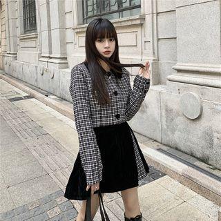Long-sleeve Plaid Cropped Top / High-waist Split Velvet Skirt