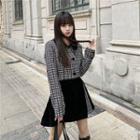 Long-sleeve Plaid Cropped Top / High-waist Split Velvet Skirt