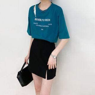 Round-neck Printed Oversize Top Blue - One Size