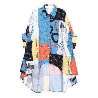 Color Block Print Blouse Blue & White - One Size