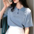 Striped Short-sleeve Polo Neck Knit Top