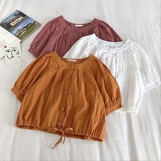 Plain Crewneck Short-sleeve Lace-up Blouse