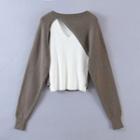 Set: Plain Tank Top + Irregular Cropped Sweater Set - Coffee & White - One Size