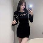 Long-sleeve Lace-up Slim-fit Dress Black - One Size