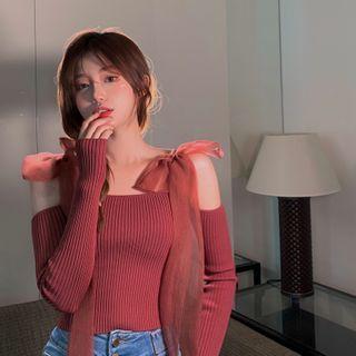 Ribbon Cold Shoulder Knit Top Rose Red - One Size