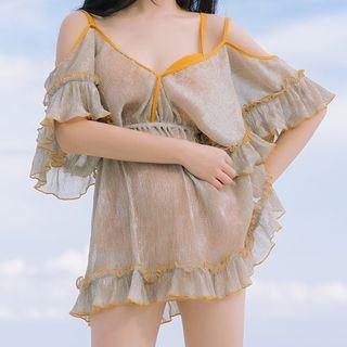 Set: Lace Trim Bikini Top + High Waist Swim Bottom + Frilled Trim Off-shoulder Cover-up