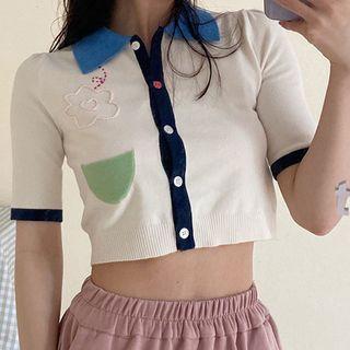Color Block Lapel Crop Knit Top As Shown In Figure - One Size