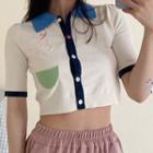 Color Block Lapel Crop Knit Top As Shown In Figure - One Size