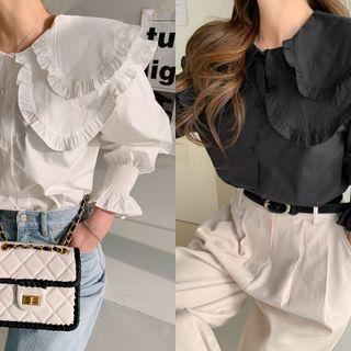 Frill-collar Smocked-cuff Blouse