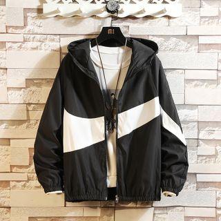 Long-sleeve Color Block Hooded Zipped Jacket