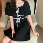 Contrast Trim Short-sleeve Mini A-line Dress Black - One Size
