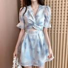 Short-sleeve Butterfly Print Cutout A-line Dress