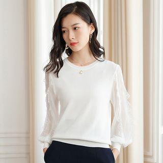 Lace Trim Mesh Sleeve Knit Top