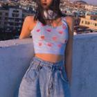 Heart Embroidered Slim-fit Cropped Tank Top As Figure - One Size