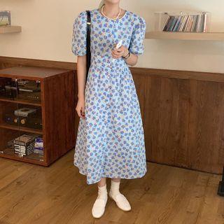 Floral Puff-sleeve Midi A-line Dress As Shown In Figure - One Size