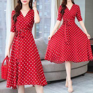 Elbow-sleeve Dotted Tie-waist Midi A-line Dress