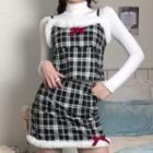 Fluffy Trim Plaid Camisole Top / Mini Skirt / Set