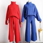 Set: High-neck Knit Sweater + Wide-leg Knit Pants